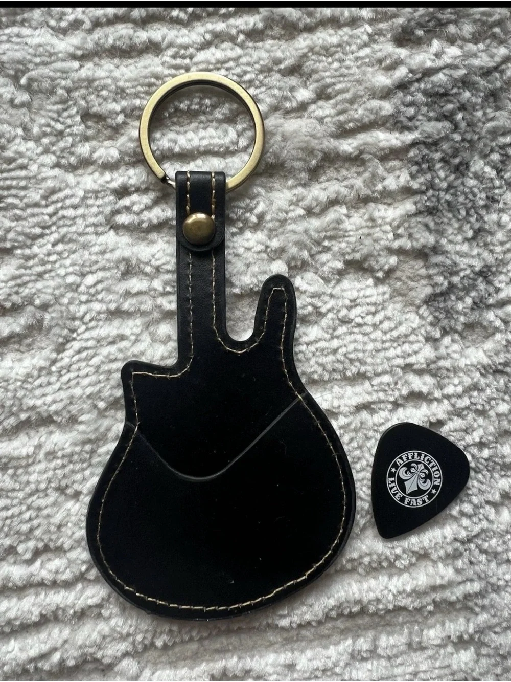 Affliction Brown Leather Strap Key Fob with Black Guitar-Shaped Keyring